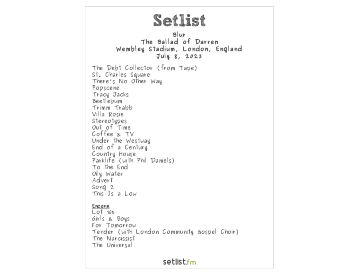 blur tour setlist